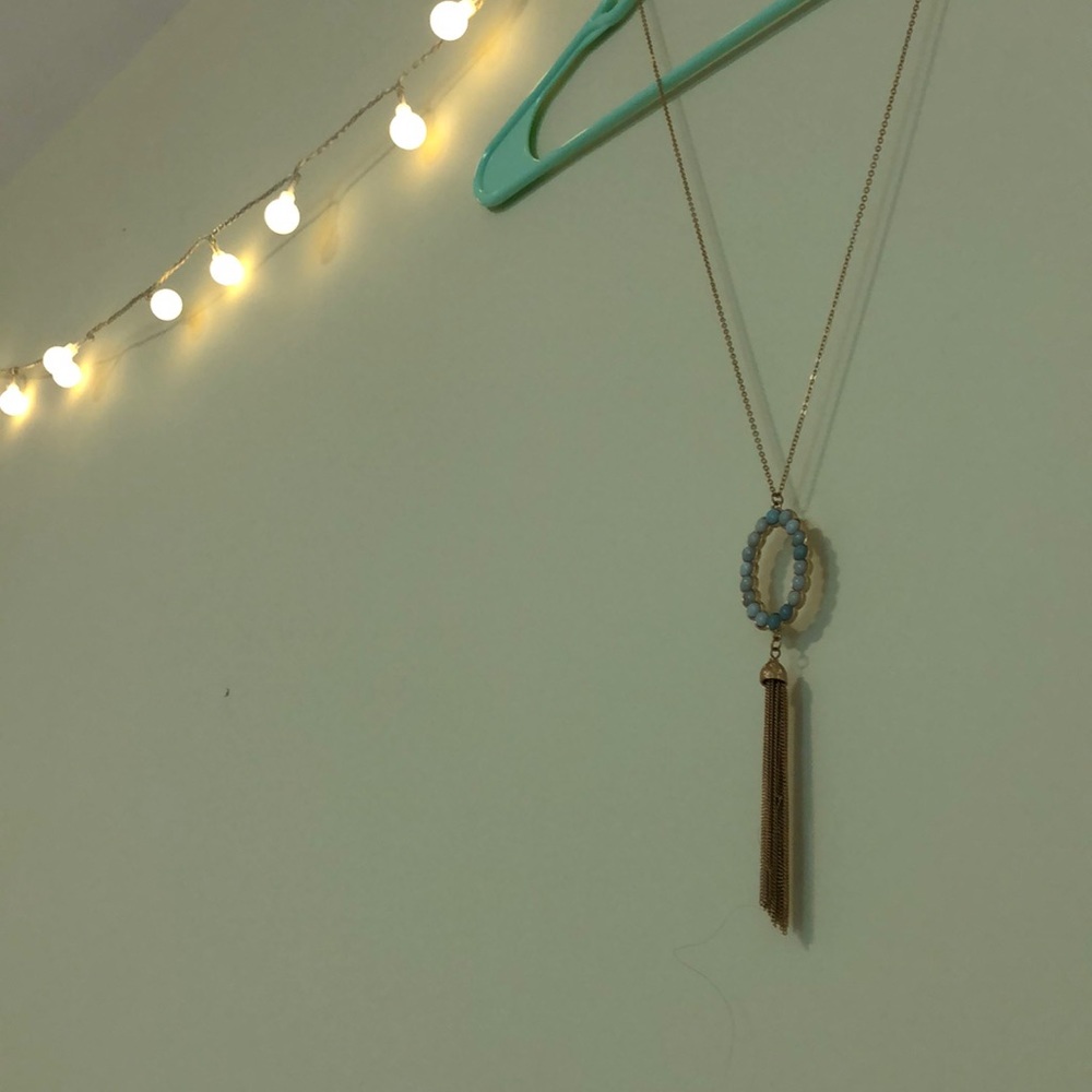 Francesca’s Necklace, Gold, Blue Beaded, Tassel - Picture 2 of 2